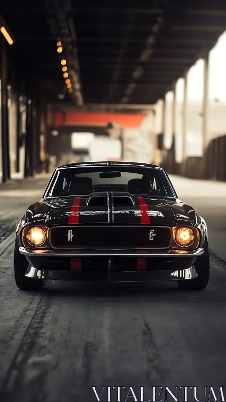 Black classic muscle car with red racing stripes in warehouse.