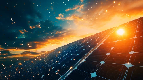 Solar panel array under vivid sunset sky with bright sun.