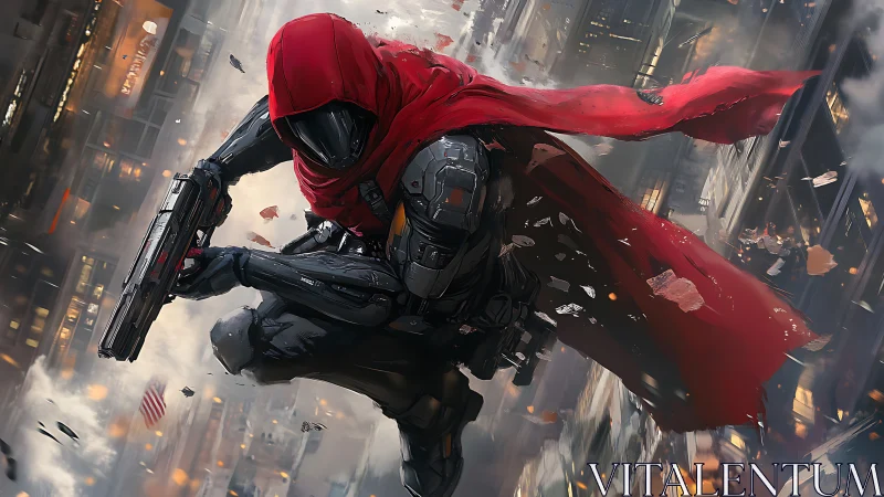 Scarlet hood streaks through a shattered neon skyline