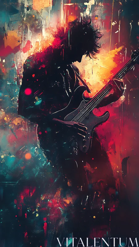 Electric guitarist silhouette in vivid abstract colors.