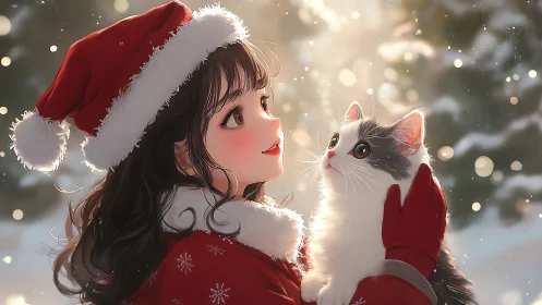 Girl in red Santa outfit holding cat in snowy winter scene