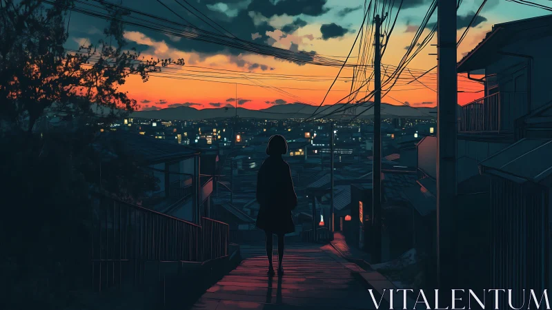 Solitary figure descending into neon-lit twilight cityscape.