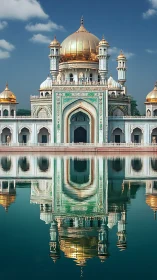 Gold-domed mosque facade mirrored in still water surface.