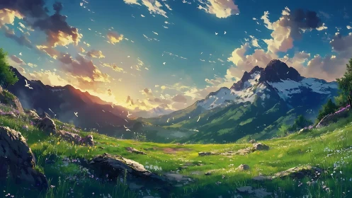 Sunlit alpine valley with wildflowers and distant peaks.