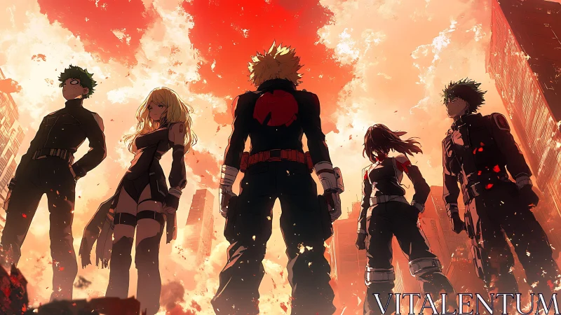 Hero team silhouettes dominate blazing city skyline.