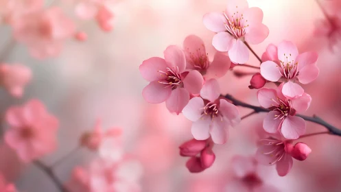 Pink peach blossoms clustered on dark branch against bokeh background.