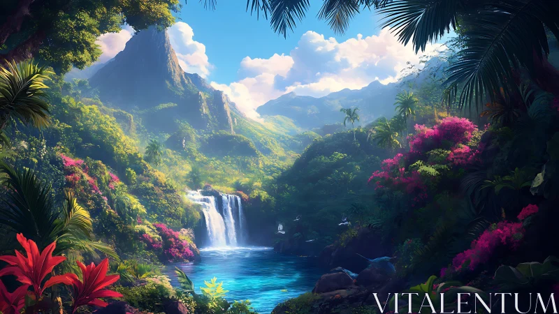 Emerald waterfall valley bathing in enchanted tropical light.