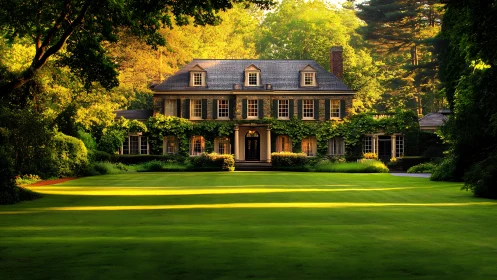 Sunlit Georgian manor framed by symmetrical landscaped lawns