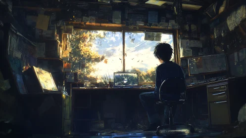 Digital painting of solitary workstation overlooking glowing forest window.