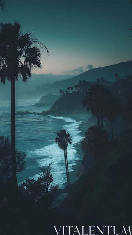 Nocturnal coastal cliffs with silhouetted palms in teal haze