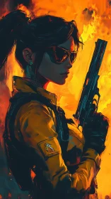 Tactical agent holds pistol before blazing firestorm