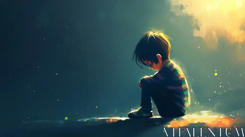 Sad child sits alone in dramatic side lighting glow