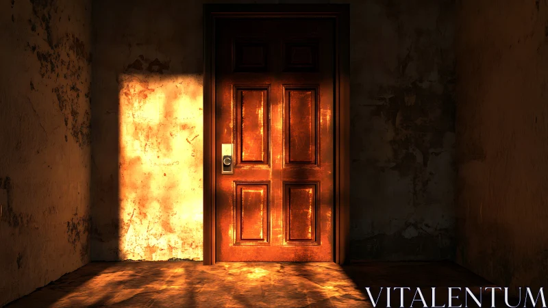 Sunlit wooden door glows in a dark, weathered hallway.