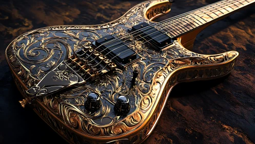 Ornate golden electric guitar gleams like a treasured jewel