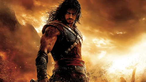 Armored warrior in desert storm with intense orange sky.