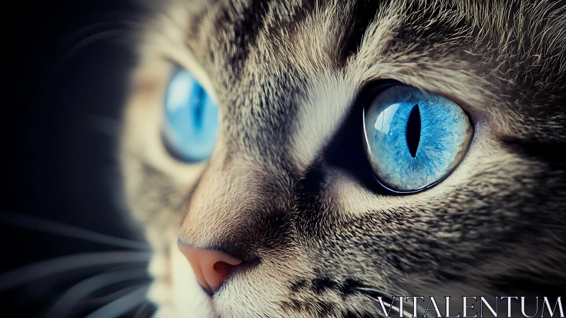 Close frontal view of feline head with striking blue ocular features