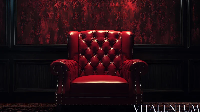 Velvety red armchair glowing in a moody classic room.