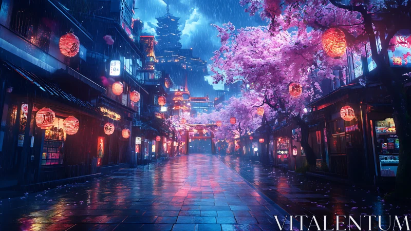 Rainy lantern street glowing under dreamy cherry blossoms.