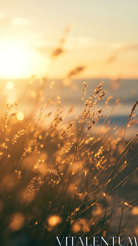 Backlit coastal grasses in warm golden sunset light.