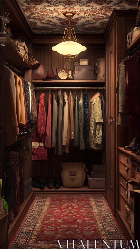 Warm vintage walk in closet with tailored coats and bags.