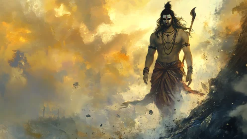 Mythic warrior strides through stormlit divine clouds.