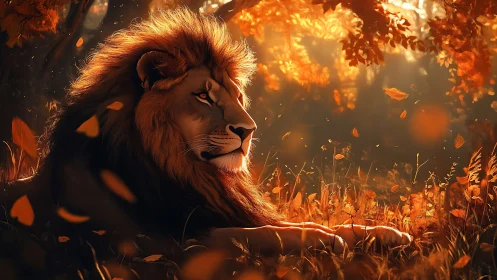 Male lion resting in orange backlit woodland setting.