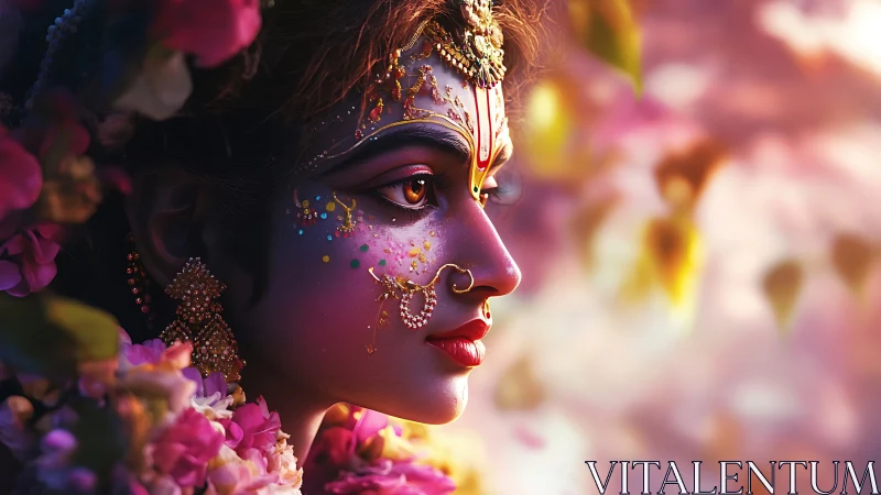 Radiant floral goddess gazing softly into glowing light.