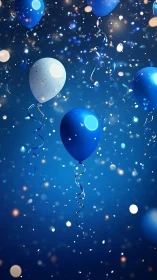 Glowing Balloons and Bokeh Lights on Blue Background.