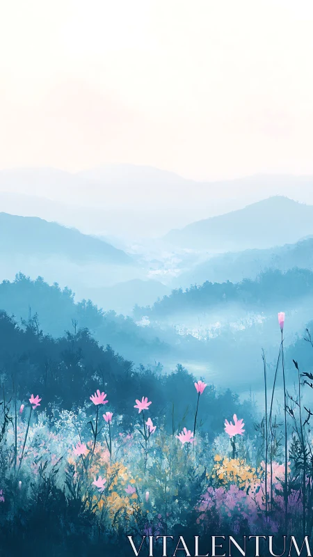 Layered blue hills with foreground wildflowers in bloom.