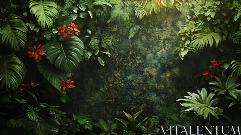 Dense tropical foliage frames textured mossy stone wall