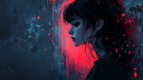 Solitary profile girl framed by neon red abstract glow.