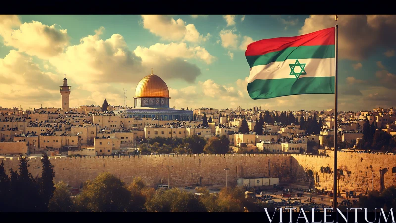 Jerusalem skyline under dramatic sunset with stylized flag.