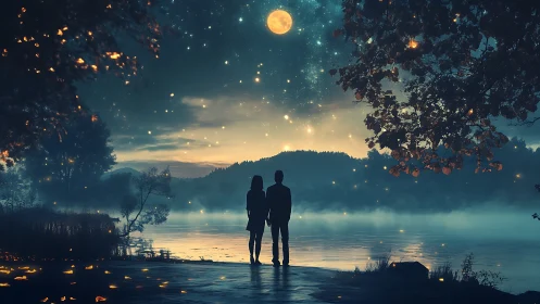 Couple Standing in Moonlit Lake at Night. Mystery.