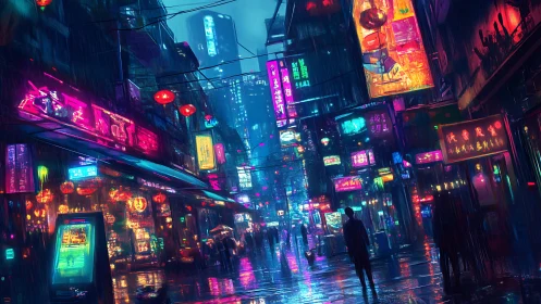 Neon city street glows softly under a rain soaked night