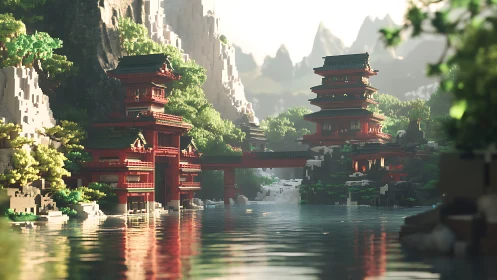 Sunlit pixel pagoda retreat by a tranquil mountain river.