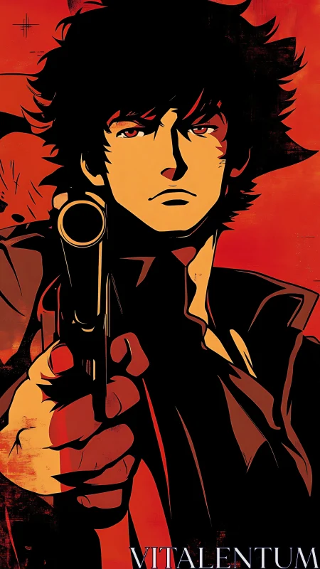 Dynamic cel-shaded gunslinger close-up in red noir palette