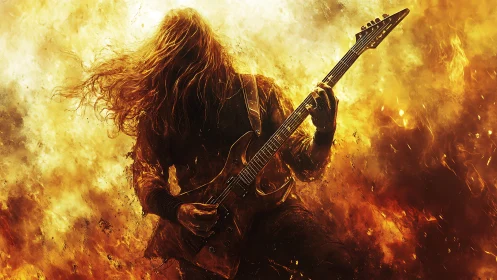 Metal Guitarist in Fiery Inferno Performance Scene.