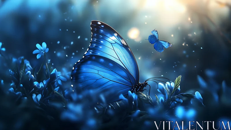 Macro-lit blue butterfly in shallow-depth nocturnal floral bokeh field