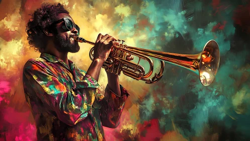 Digital painting of jazz trumpeter in vivid chromatic motion.