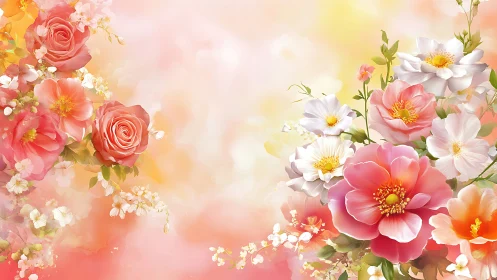 Multi-layered floral composition with coral roses and daisy clusters rendered in soft focus gradient