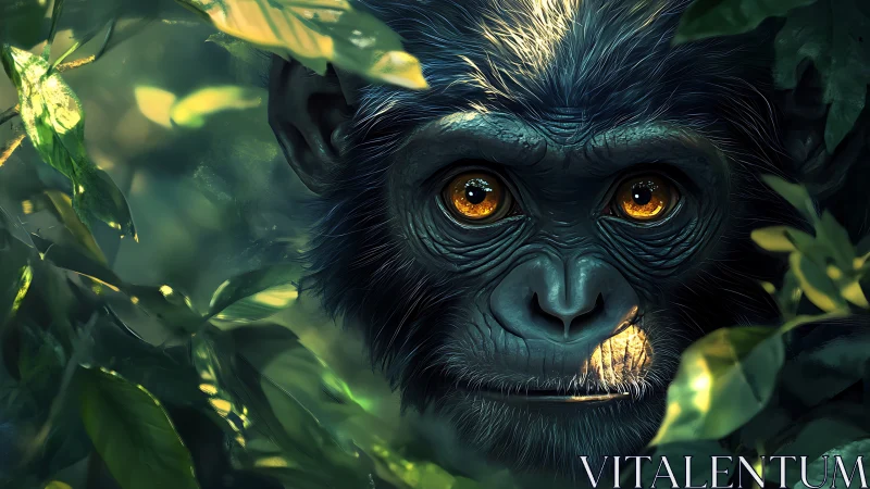 Primate portrait with luminous amber eyes in dense foliage.