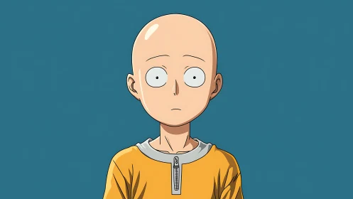 Bald anime character in yellow garment on plain teal background.