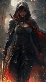 Hooded female warrior in dark armor amid burning ruins.