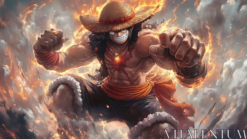 Straw hat fighter in midair punch amid dispersed flames.