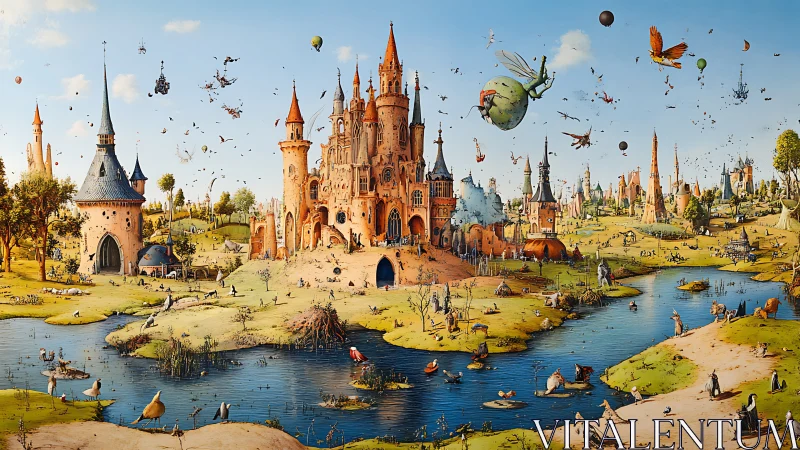 Surreal fairytale citadel above whimsical river valley.