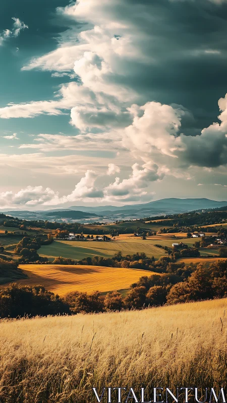 Golden valley farmland under dramatic stormlit sky.