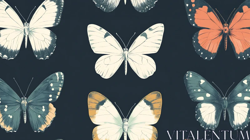 Elegant vintage butterflies form a patterned night tableau