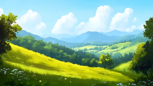 Sunlit rolling hills inviting quiet daydream wanderings.