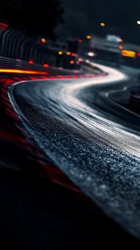 Wet night racetrack glowing with curves and quiet speed.