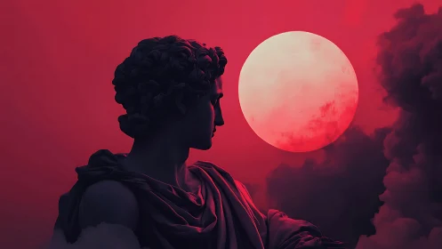 Neoclassical marble bust silhouette against saturated red moon